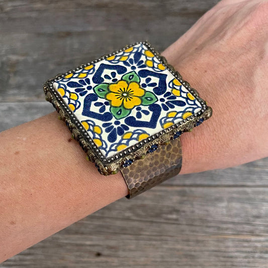 One of a Kind - Mexican Mosaic Brass Cuff Bracelet