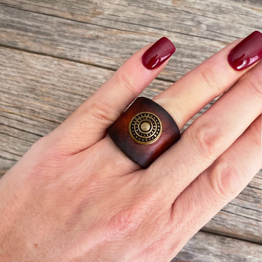 MADE TO ORDER - Brown Ombre Leather Ring with Brass Concho