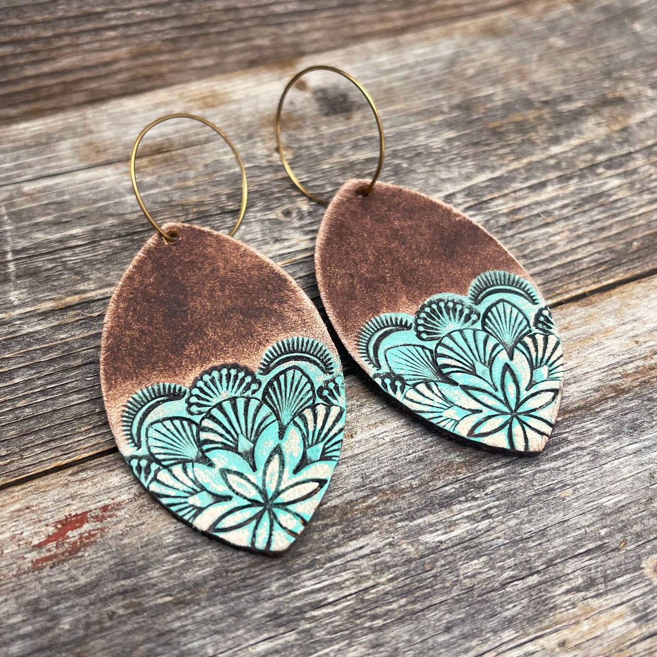 One of a Kind turquoise and brown oval leather earrings