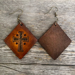 MADE TO ORDER - Rhomboid Cross Drop Leather Earrings | Boho Earrings
