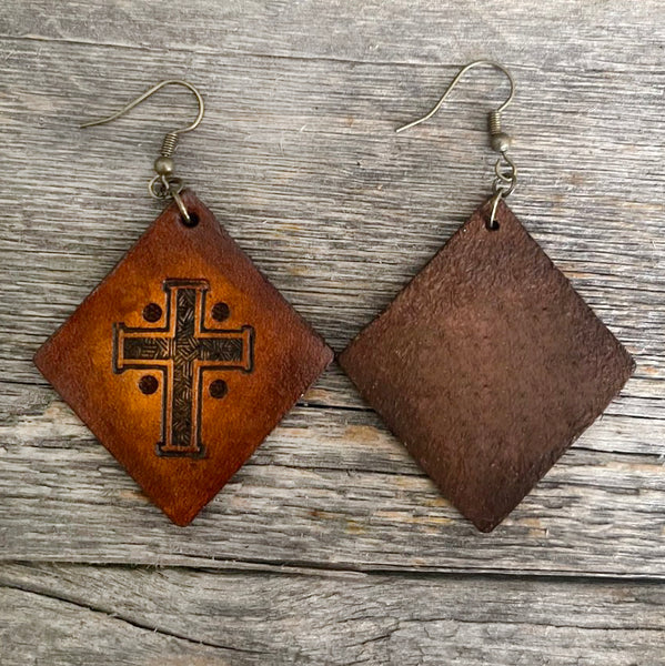 MADE TO ORDER - Rhomboid Cross Drop Leather Earrings | Boho Earrings