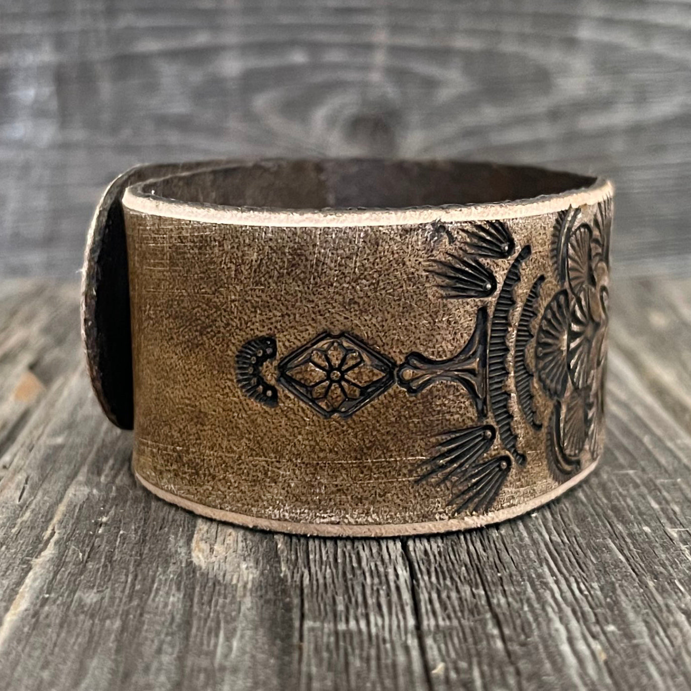 One of a kind, Genuine Leather Boho Bracelet with Tooled Star Flower