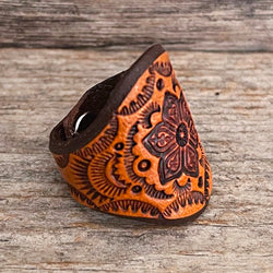 One of a Kind - Caramel brown Mandala Leather Boho Ring