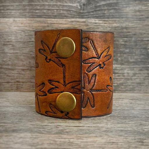 MADE TO ORDER - Wide Dragonfly Pattern Leather Bracelet