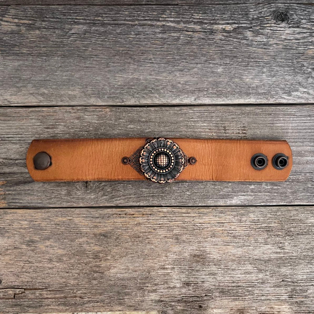 One of a kind Leather Bracelet with Flower Copper Concho
