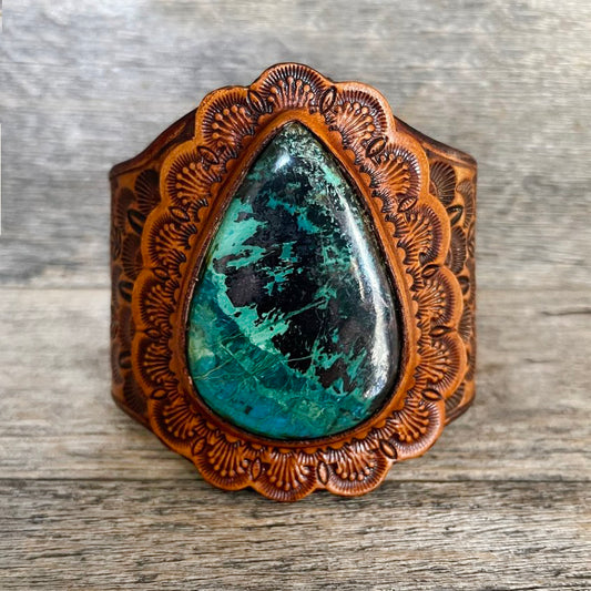 One of a Kind Leather Bracelet with Drop-shaped Chrysocolla Stone