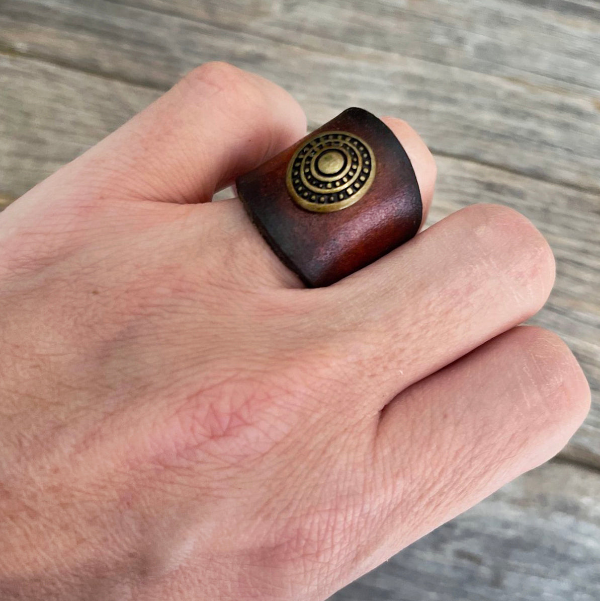 MADE TO ORDER - Brown Ombre Leather Ring with Brass Concho