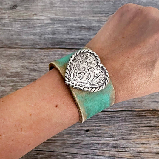 MADE TO ORDER - Turquoise Leather Bracelet with Big Heart Concho