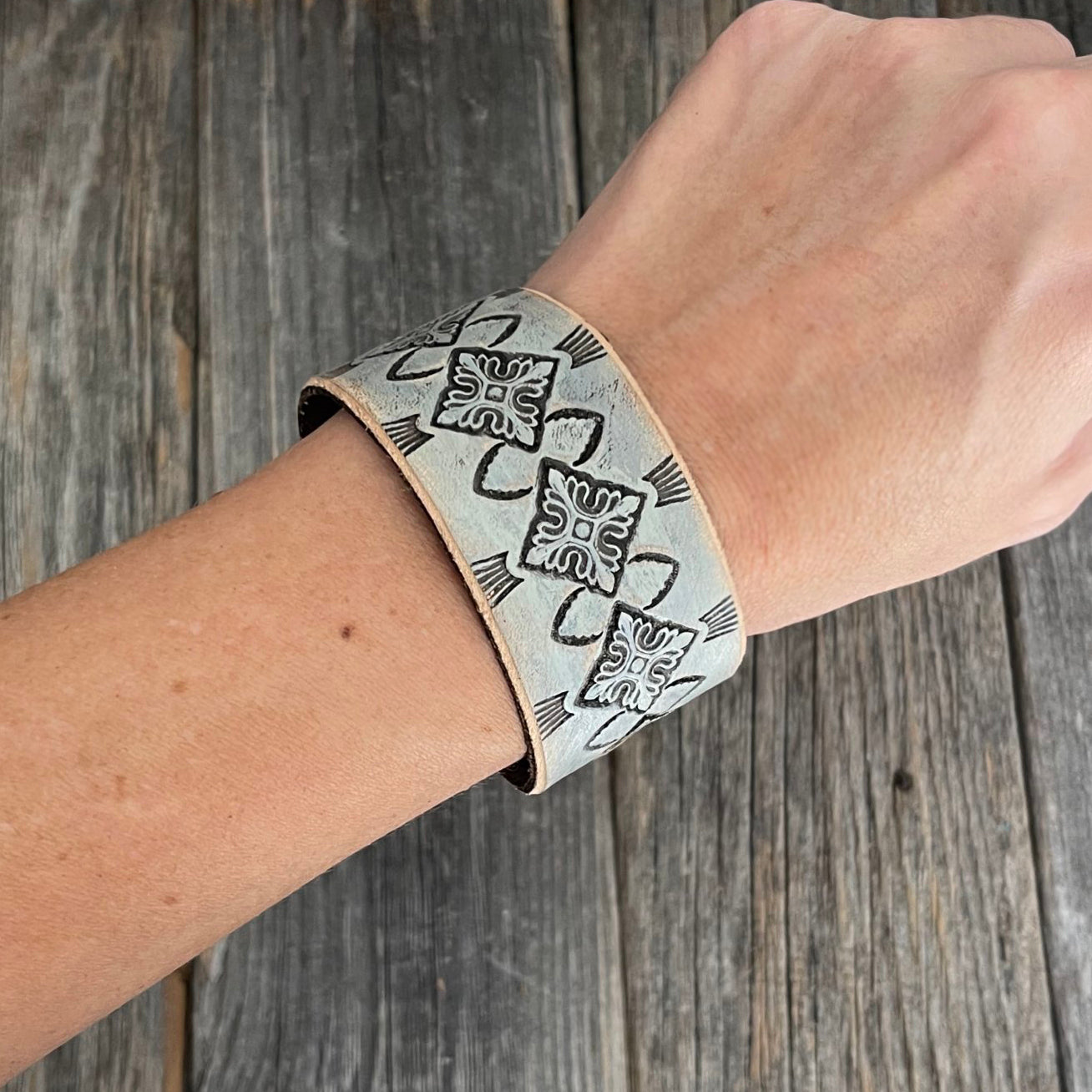 One of a kind, Genuine Leather Boho Bracelet with Tooled Pattern
