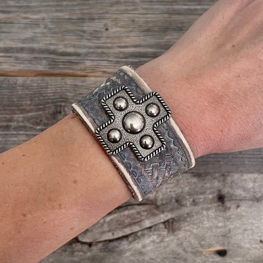 MADE TO ORDER -  Cross Concho Braided Pattern Leather Bracelet
