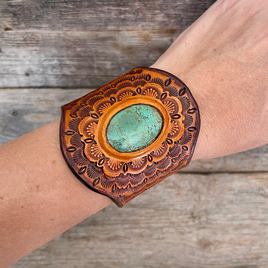 One of a Kind - Leather Bracelet with Kingman Oval Turquoise