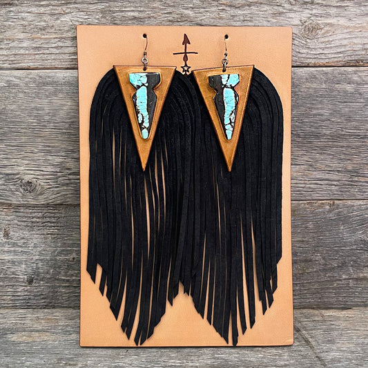 One of a Kind - Genuine Turquoise Fringe Leather Earrings