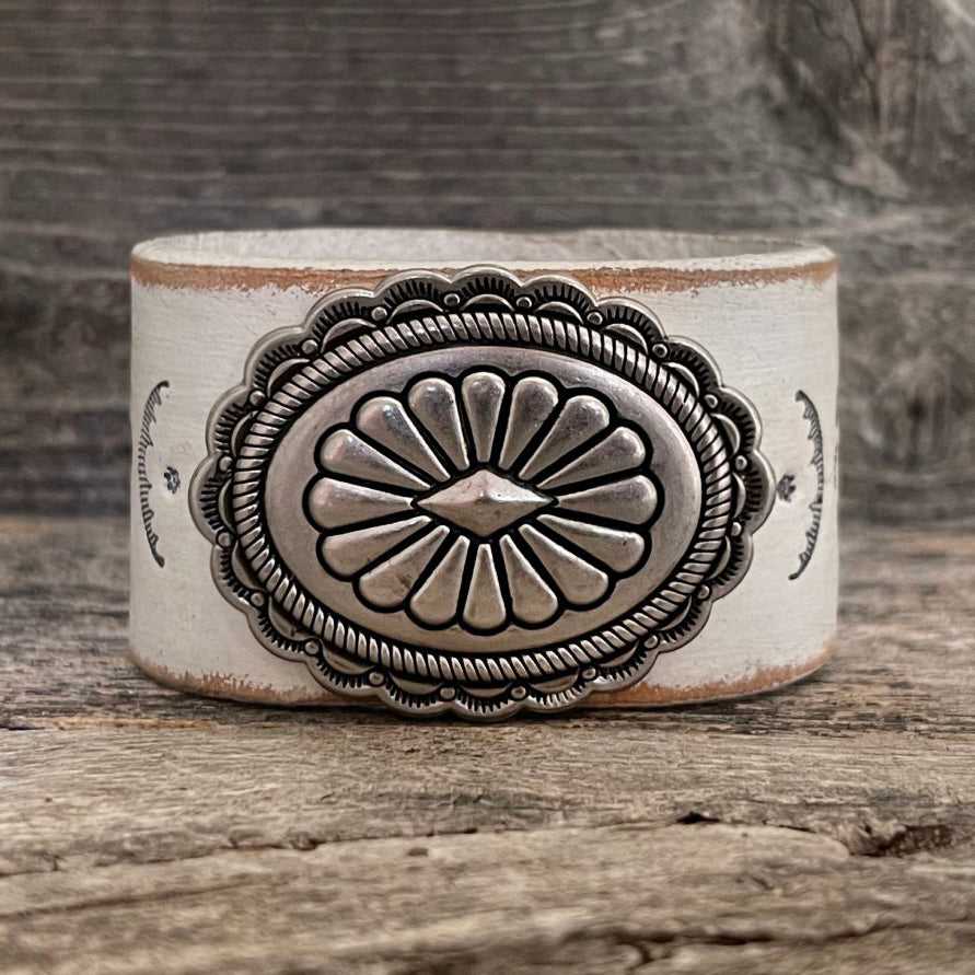 genuine white leather and round antique silver concho bracelet