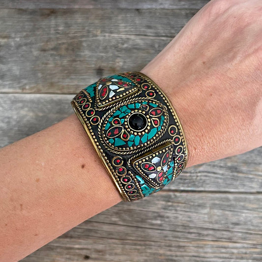 One of a Kind - Brass and ceramic Tibetan Cuff Bracelet