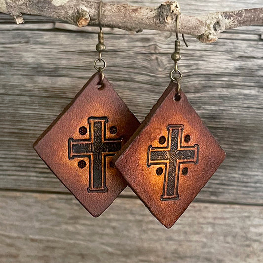 MADE TO ORDER - Rhomboid Cross Drop Leather Earrings | Boho Earrings