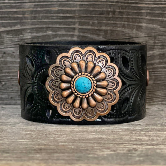 One of a Kind, Die Cut Leather Bracelet with Flower Concho