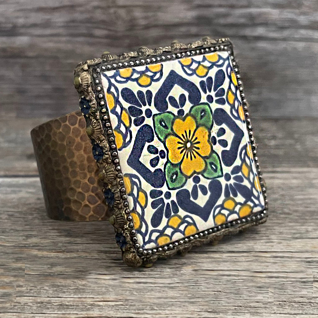 One of a Kind - Mexican Mosaic Brass Cuff Bracelet