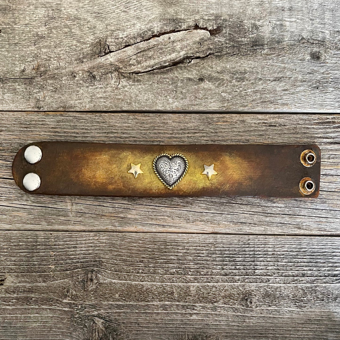 MADE TO ORDER - Yellow/brown Leather Bracelet with Heart Concho