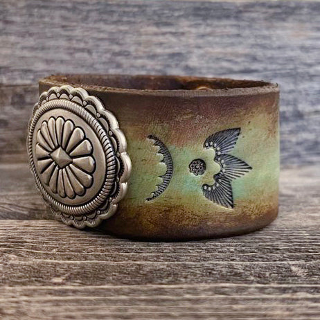 MADE TO ORDER - Brown/aqua Leather Bracelet with Oval Concho