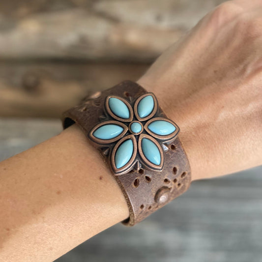 One of a kind Genuine Leather Bracelet Big Blue Flower Concho
