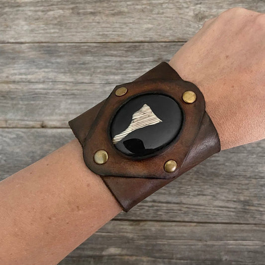 One of a Kind, Wide Leather Bracelet Genuine Black Botswana Stone