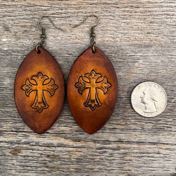 MADE TO ORDER - Tooled Cross Drop Leather Earrings | Boho Accessories