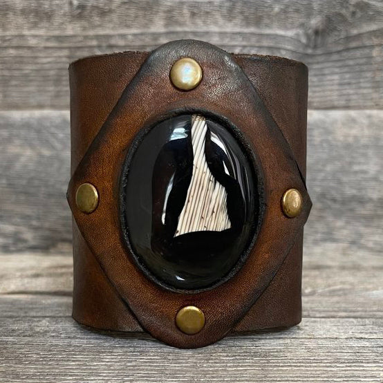 One of a Kind, Wide Leather Bracelet Genuine Black Botswana Stone