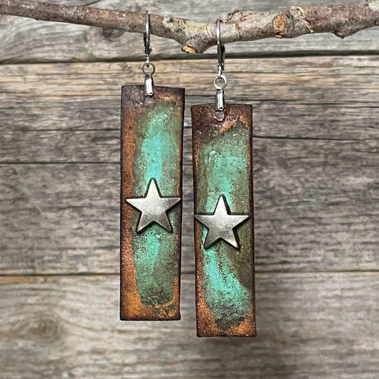 MADE TO ORDER - Genuine Distressed Turquoise Leather Stripes Star Rivet Earrings