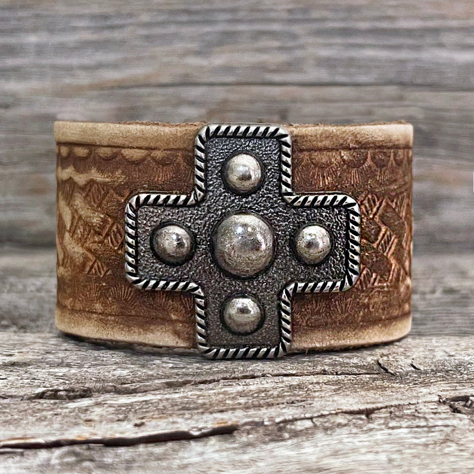 MADE TO ORDER - Cross Concho Braided Pattern Leather Bracelet