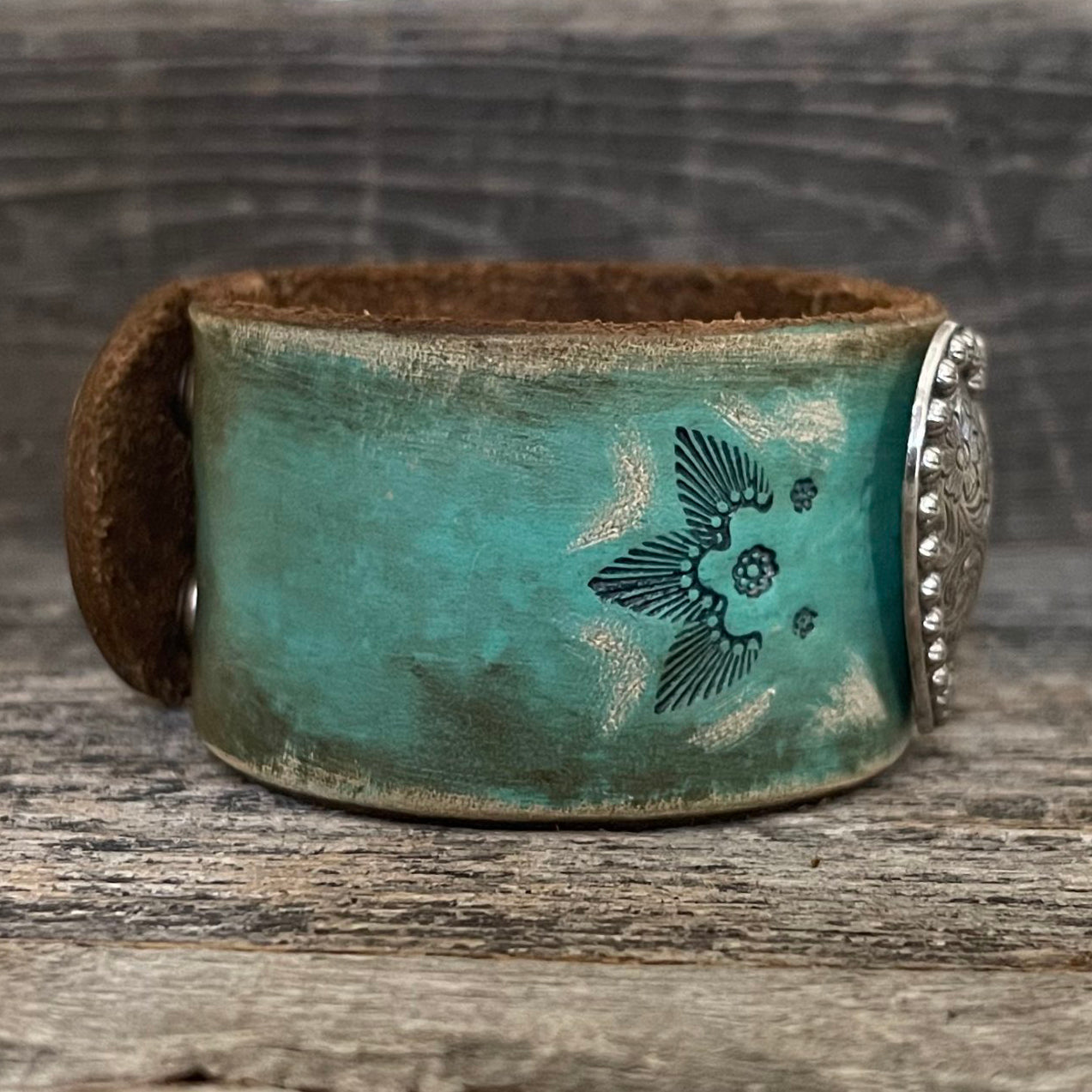 MADE TO ORDER - Aqua Leather Bracelet with Heart Concho