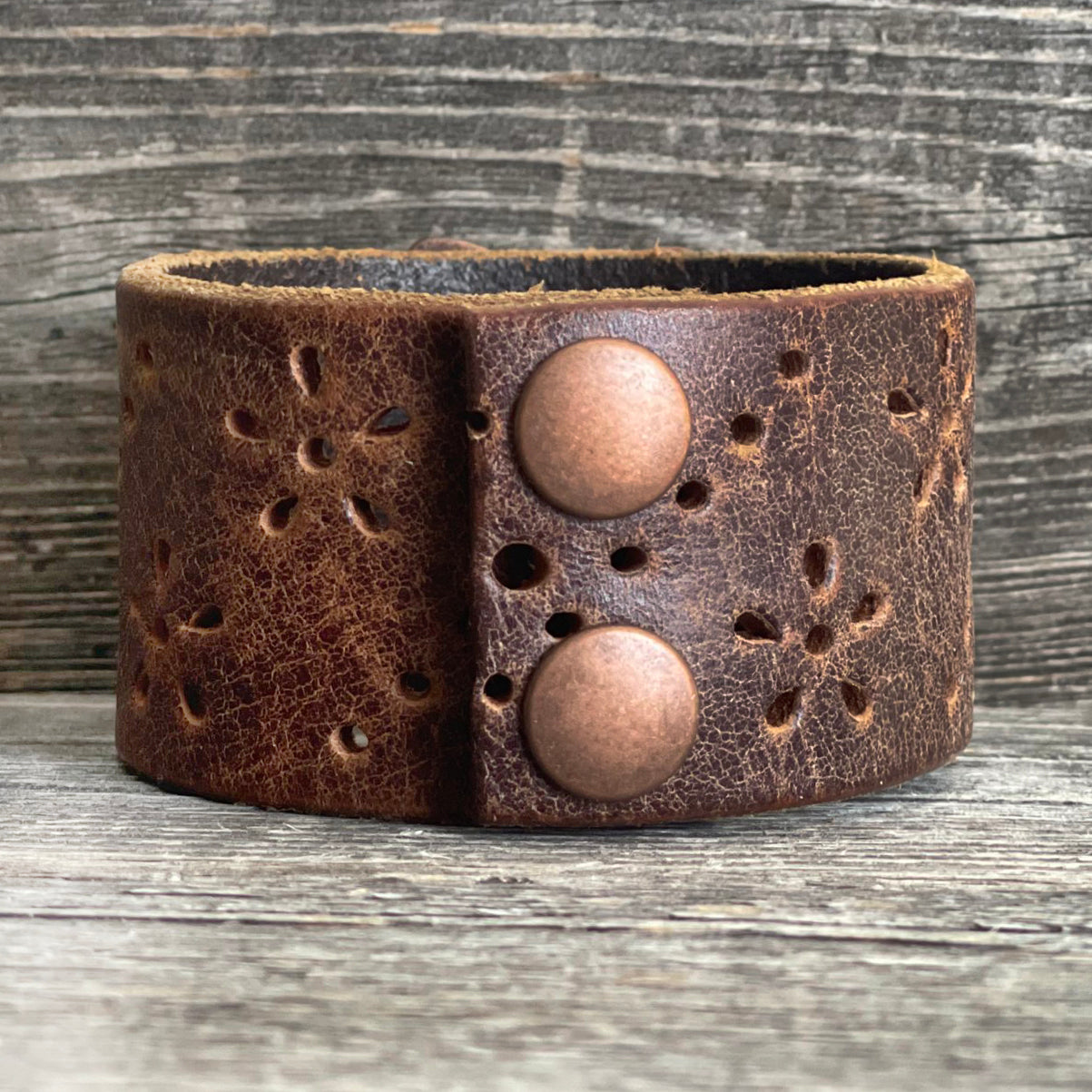 One of a kind Genuine Leather Bracelet Big Blue Flower Concho