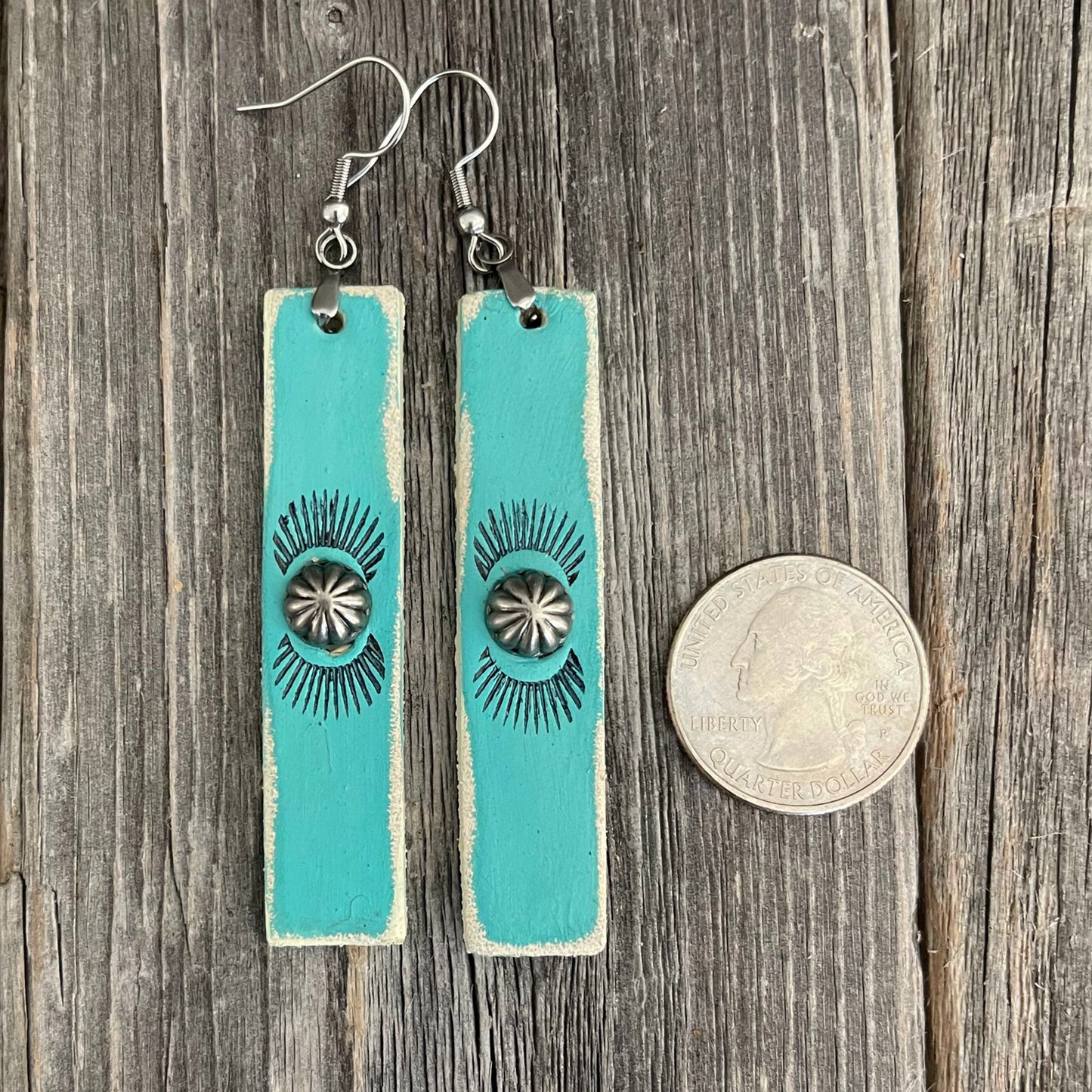 MADE TO ORDER - Leather Turquoise Stripes Earrings with Rivets