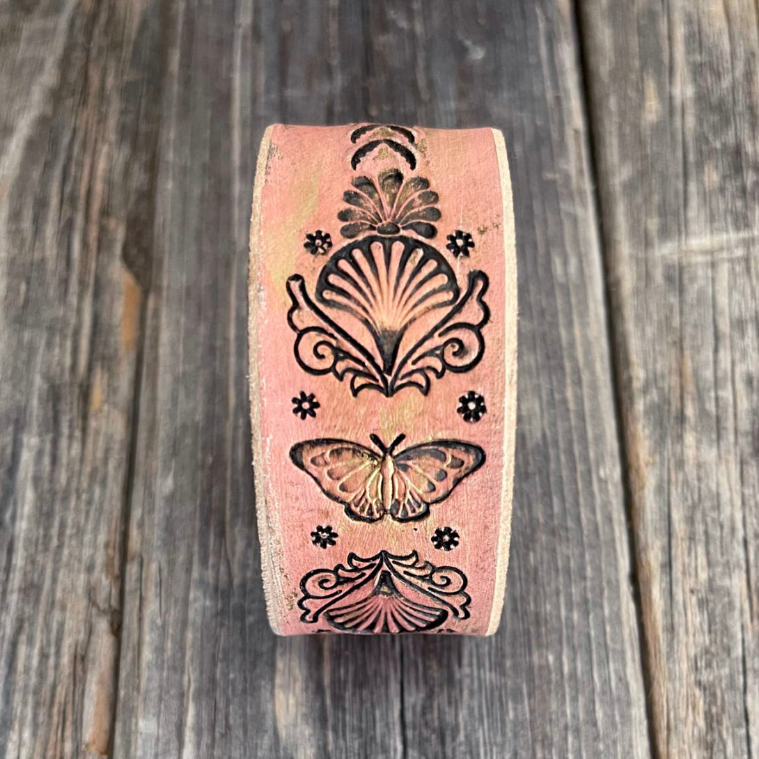Pale Pink Boho Tooled Leather Bracelet with Butterfly Sea Shells