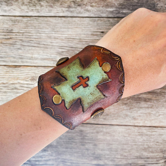 MADE TO ORDER - Wide Leather Bracelet with Pewter Patina Cross