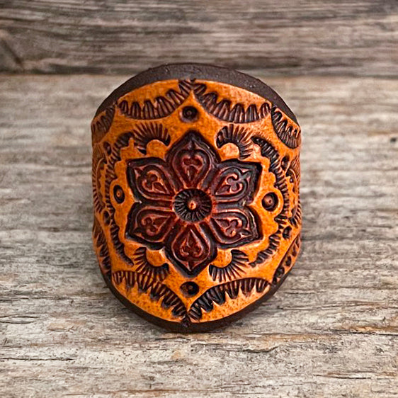 One of a Kind - Caramel brown Mandala Leather Boho Ring