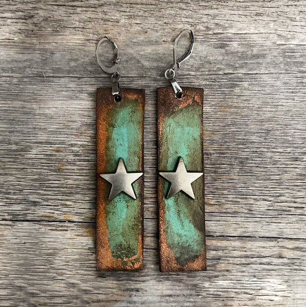 MADE TO ORDER - Genuine Distressed Turquoise Leather Stripes Star Rivet Earrings