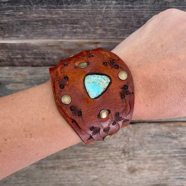 One of a Kind, Genuine Leather Bracelet Blue Gem Turquoise