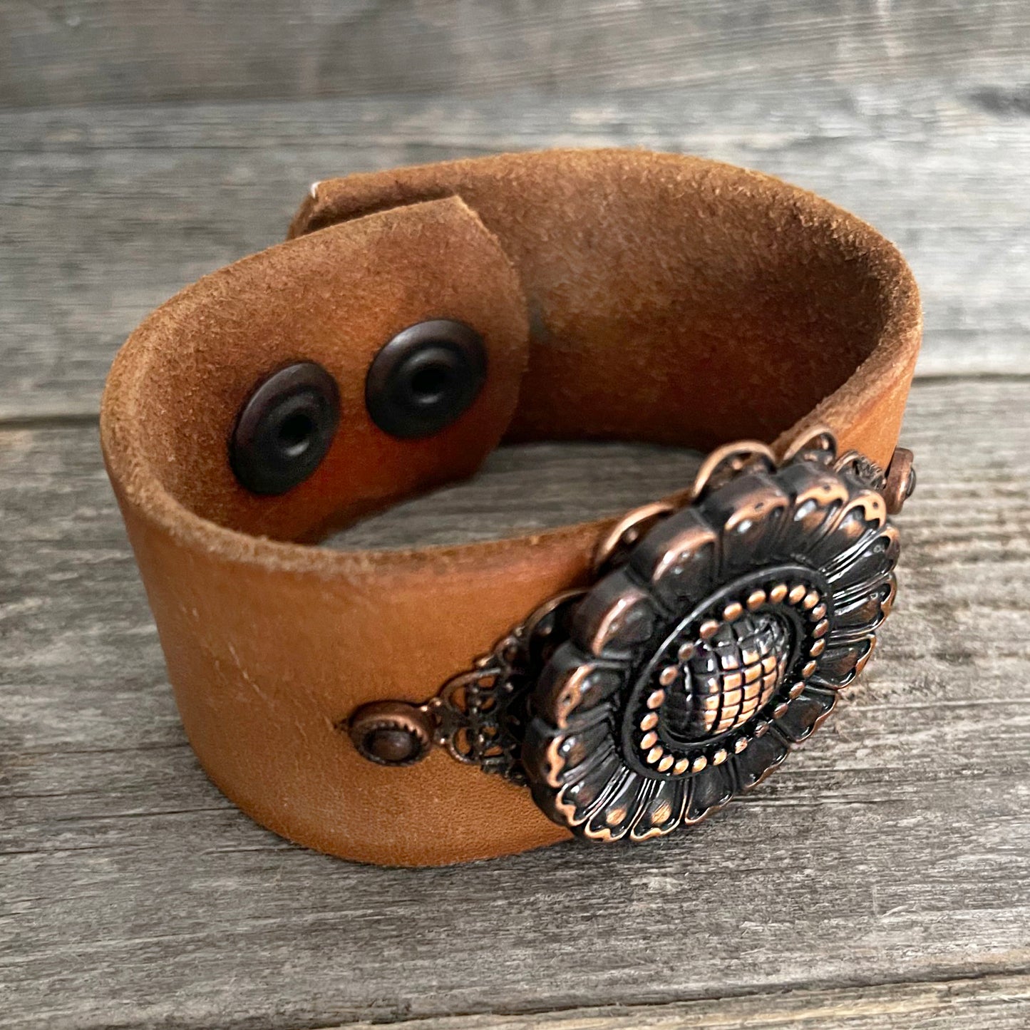 One of a kind Leather Bracelet with Flower Copper Concho