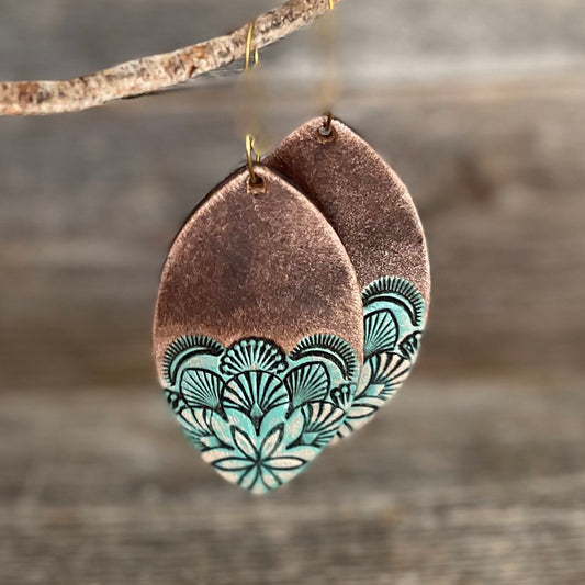 One of a Kind turquoise and brown oval leather earrings