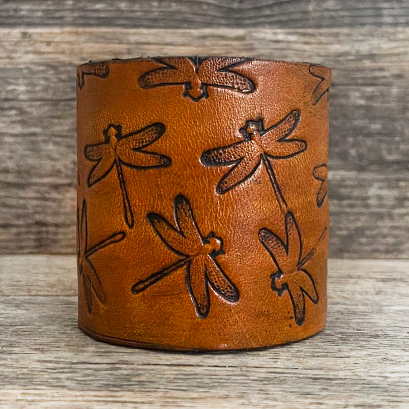 MADE TO ORDER - Wide Dragonfly Pattern Leather Bracelet