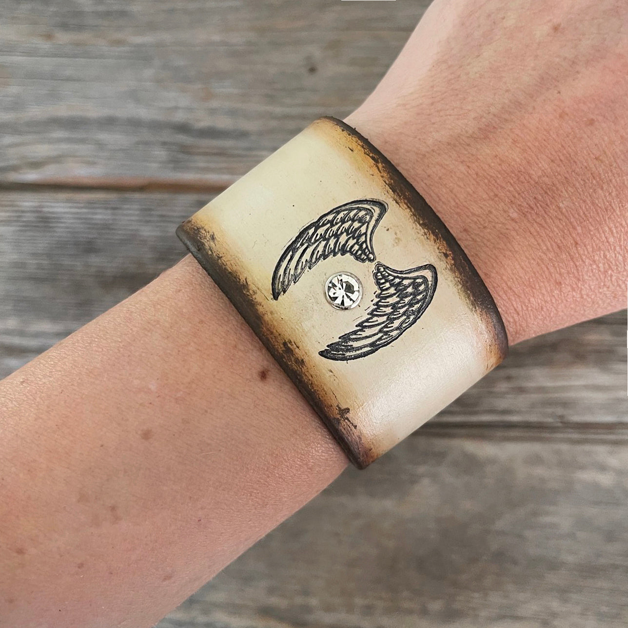 MADE TO ORDER - Stamped Wings and Swarovski Leather Bracelet