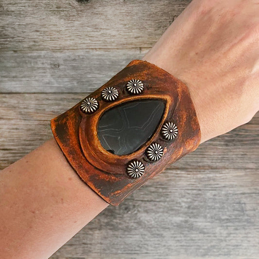 One of a Kind, Wide Leather Bracelet with Black Agate