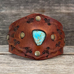 One of a Kind, Genuine Leather Bracelet Blue Gem Turquoise