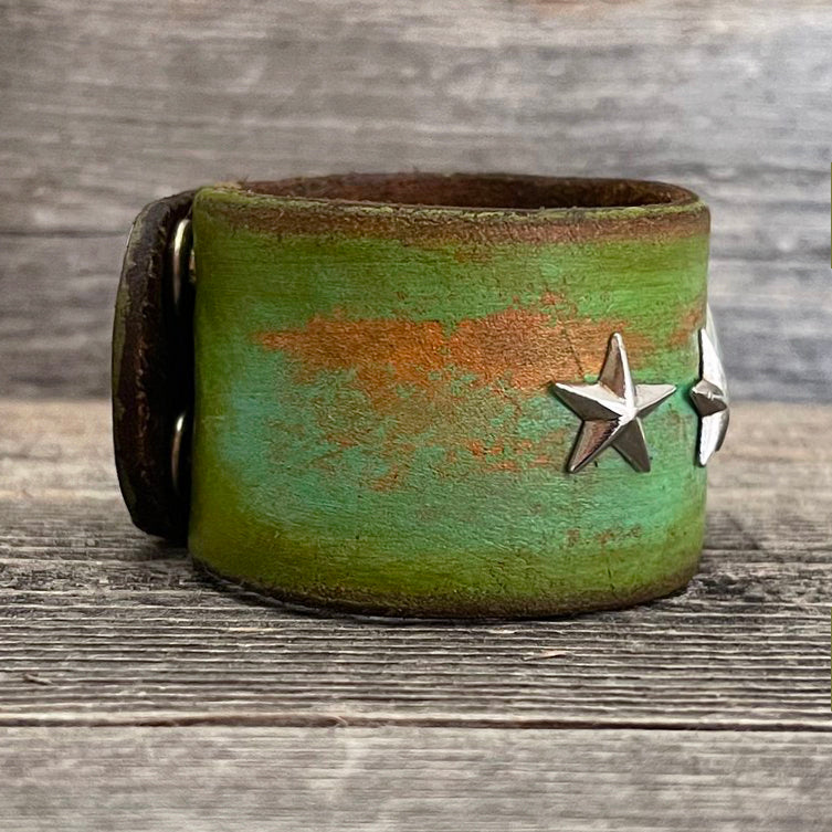 MADE TO ORDER - Lime green Leather Bracelet with Star Rivet