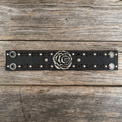 Genuine Die Cut Leather Bracelet with Silver Rose Concho