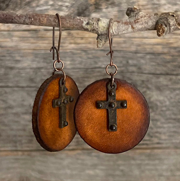 MADE TO ORDER - Cross Round Drop Leather Earrings | Boho Accessories