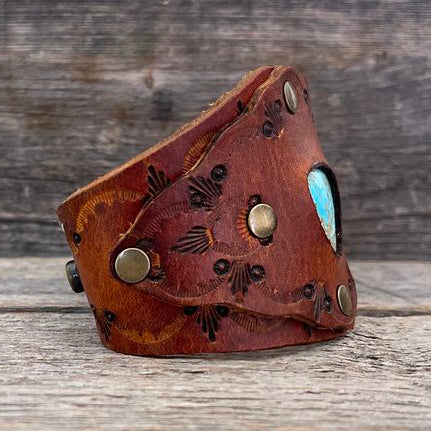 One of a Kind, Genuine Leather Bracelet Blue Gem Turquoise