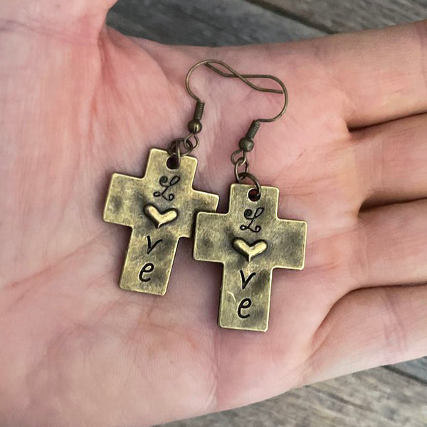 Christian Boho Patina Cross Earrings | Boho Cross Earrings