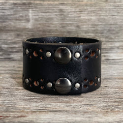 Genuine Die Cut Leather Bracelet with Silver Rose Concho