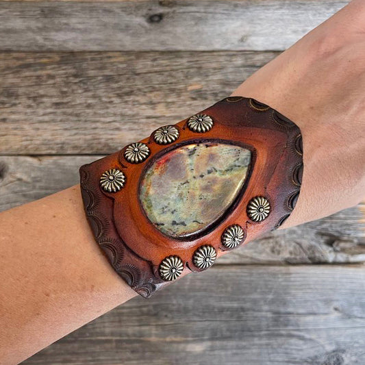 One of a Kind, wide leather bracelet with rainbow labradorite stone